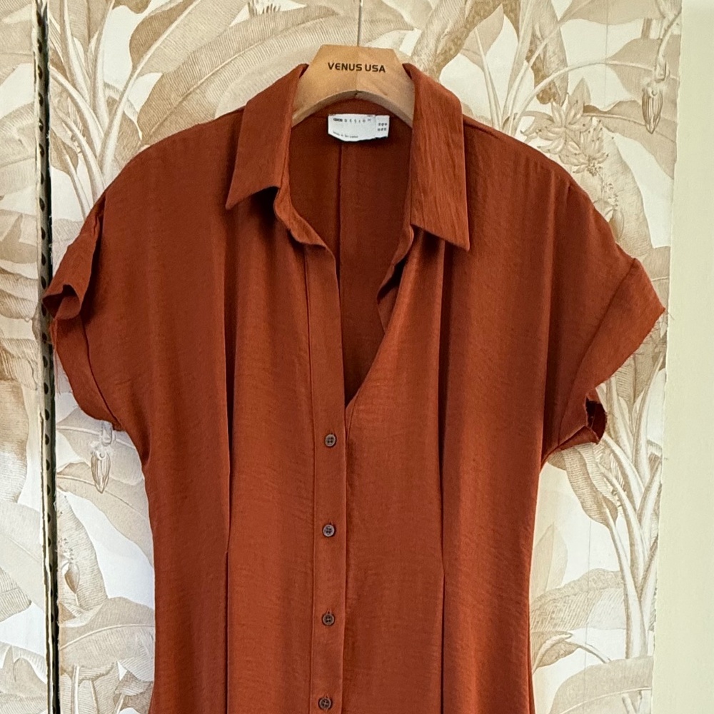 Rust Brown Button Front Midi Dress – Collared Boho Shirt Dress. - Picture 3 of 6